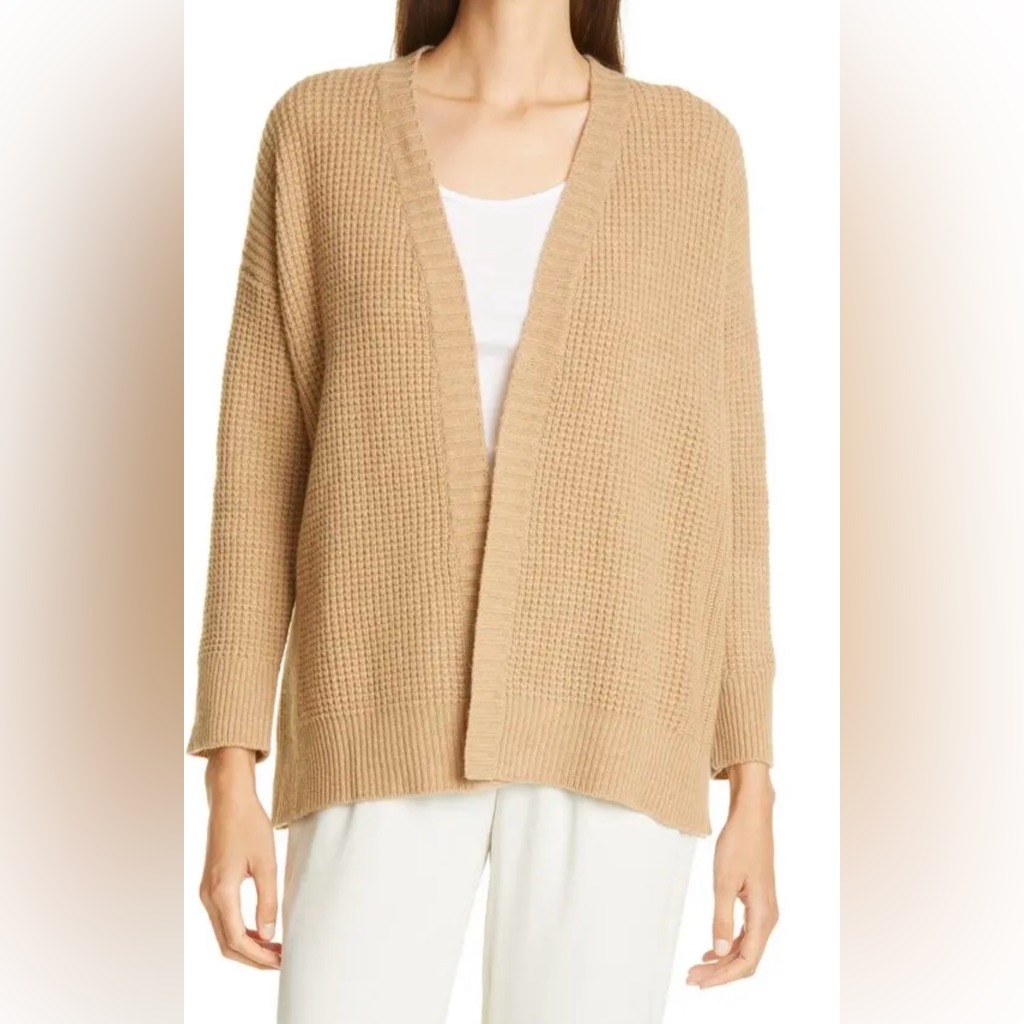 Eileen Fisher Wool Cashmere Blend Open-Front Waffle Knit Cardigan Sweater Honey